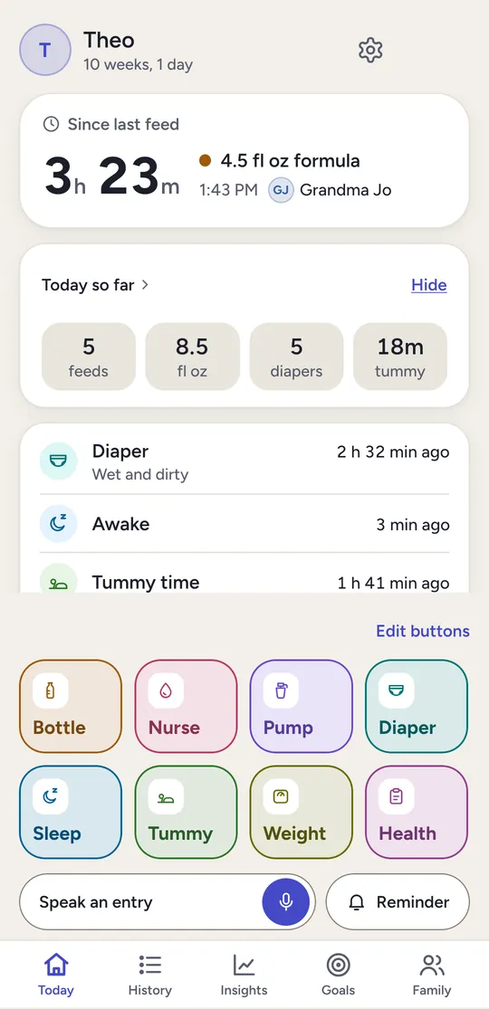 Today: time since the last feed, today's totals and quick-log buttons.